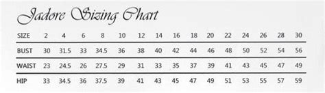 jadore size chart.